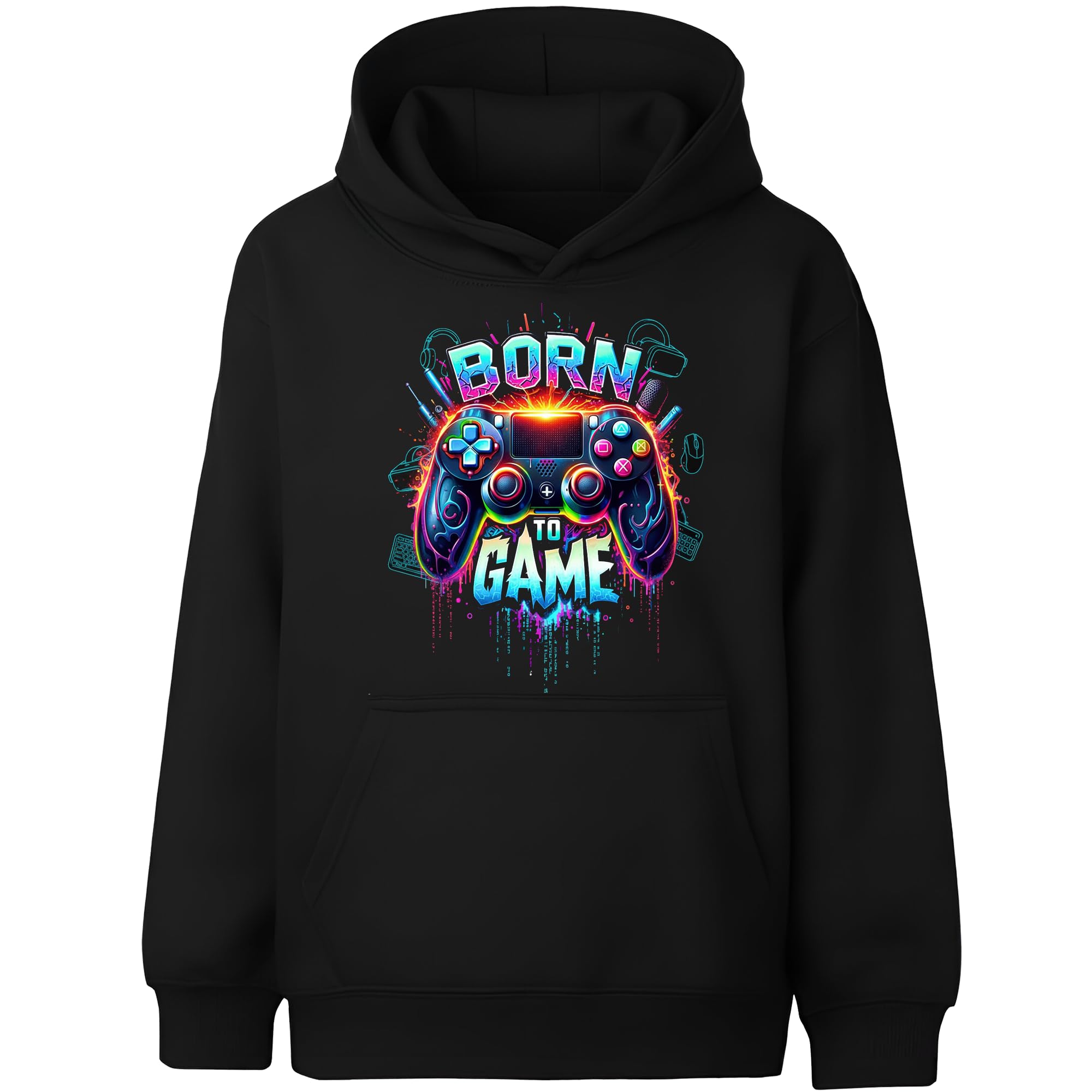 Fringoo Gamer Hoodie Black for Boys Cotton Rich Soft Hooded Sweatshirt for Boys Gaming Pullover Jumper with Kangaroo Pocket Age 12/13