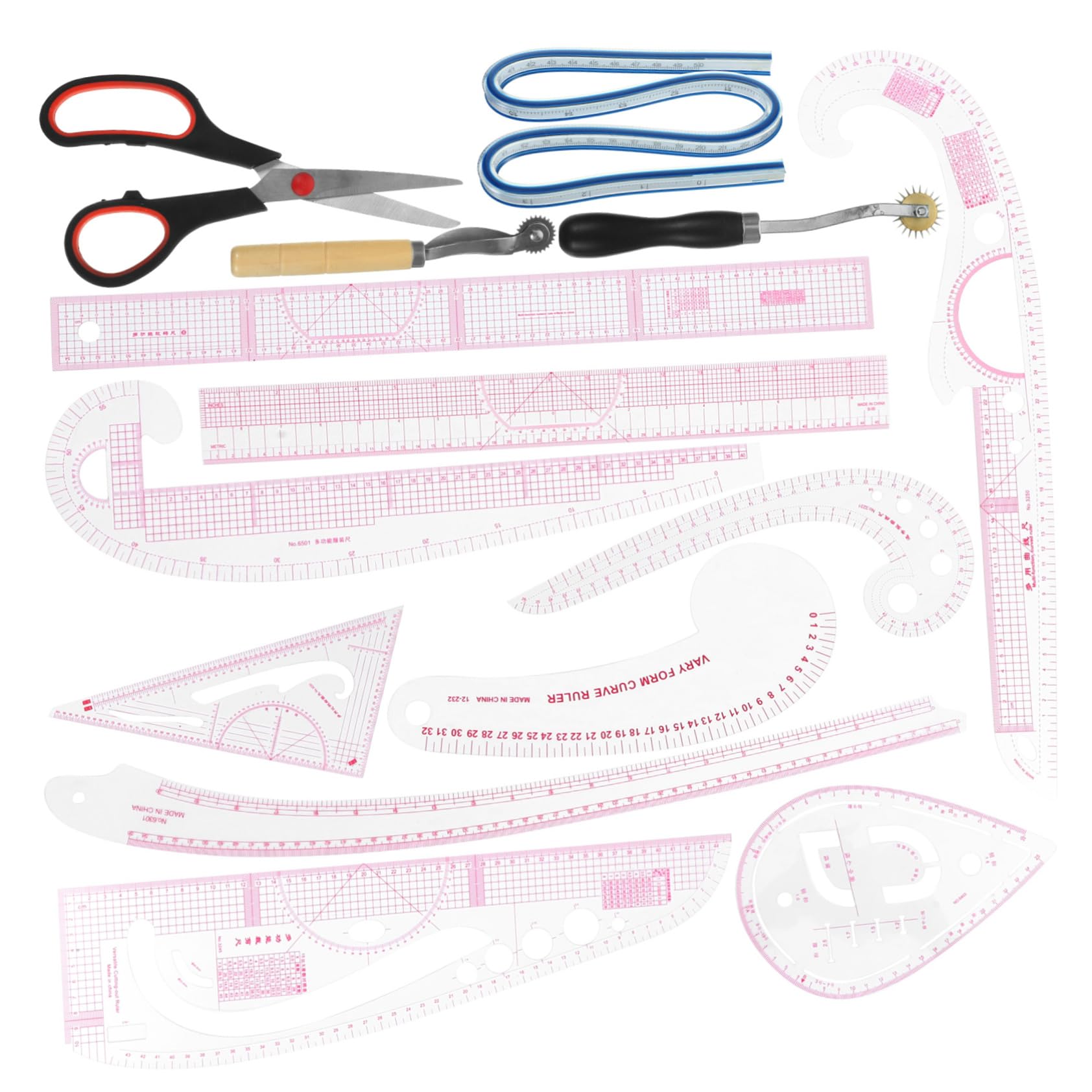 PartyKindom Nählineal aus Pvc und Edelstahl 14 Stück Kurvenmuster mit Präziser Messfunktion für Anfänger und Professionelle Schneider zum Bekleidungsdesign