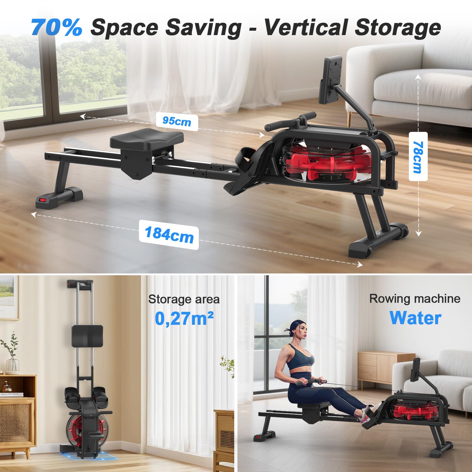 Neezee Rudergerät für zuhause, Rudergerät Wasser mit Professioneller Bluetooth-Monitor und Tablet-Halterung, Max 160kg Belastbar, Vertikale Lagerung, Transporträder für Einfache Bewegung