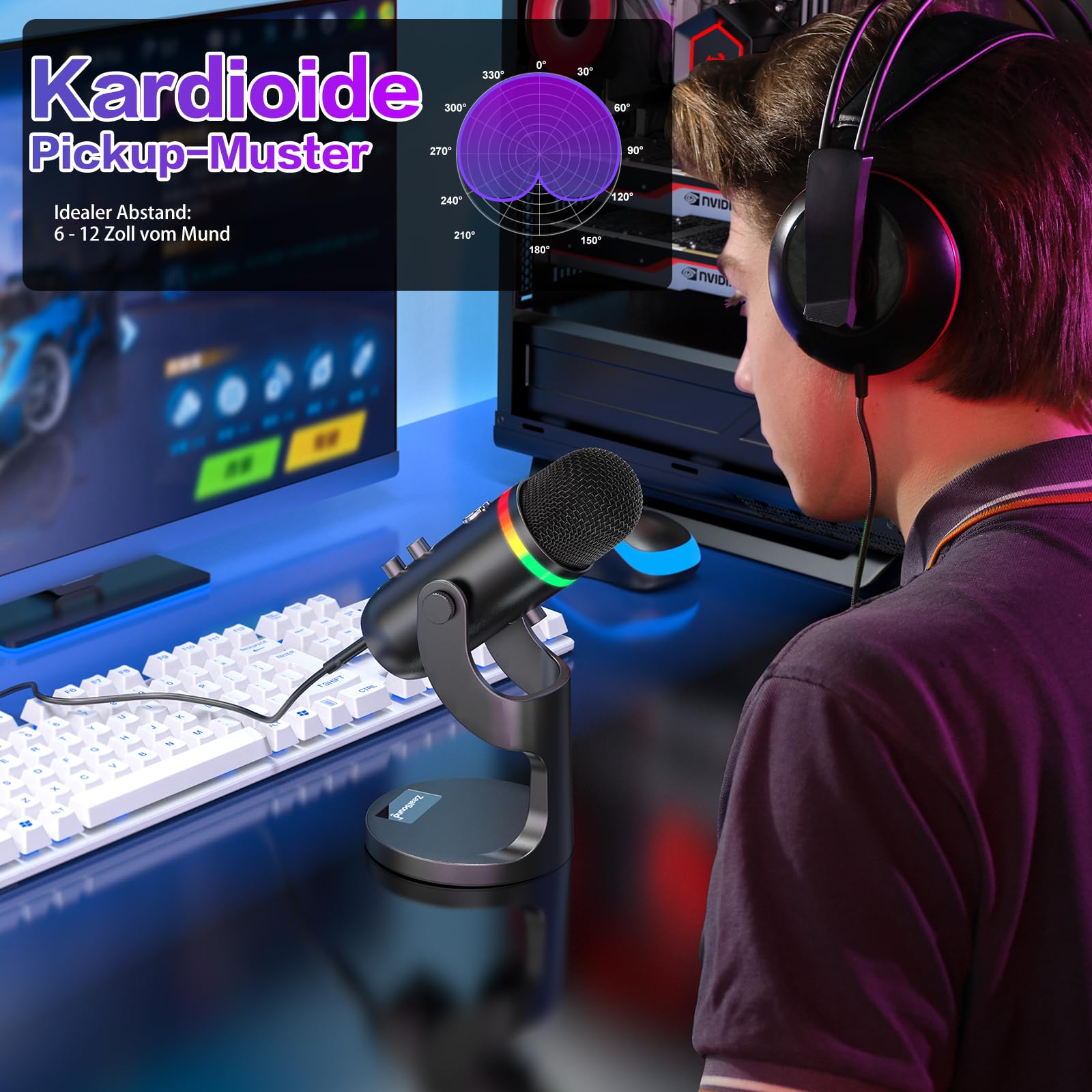 zealsound USB Mikrofon, RGB Gaming Mikrofon für PC, Handy & iPhone, mit Rauschunterdrückung, Stumm & Echo, Kondensator-Tischmikrofon für Podcast, Streaming, Twitch, YouTube, Discord auf Windows & Mac