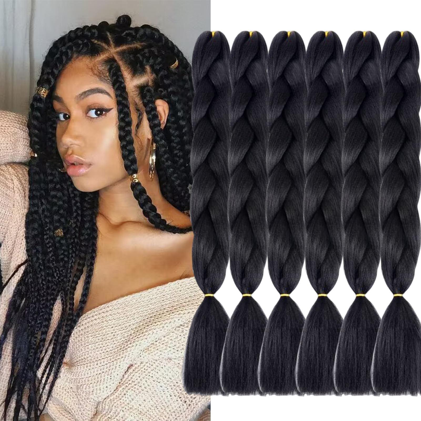 FYRLNA Black 6 Packs Braiding Hair 24 Inch Synthetic Fiber Itch Free Jumbo Braiding Hair Extensions Yaki Texture Hot Water Setting Braids Hair(24 Inch