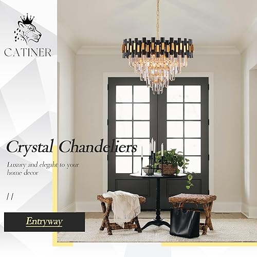 Miniatura 9 de CATINER Candelabros grandes de cristal negros y dorados para vestíbulo, lámpara redonda moderna de 24 pulgadas, lámpara colgante de techo de lujo, 5