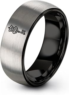 Gift for Royalty Fan - Key With Crown Ring - 8mm - Tungsten - Anniversary Wedding - Flat Dome Bevel - Brushed Polished - Black Yellow Gold Silver - Band - Personalized Custom Engraving - Men Women