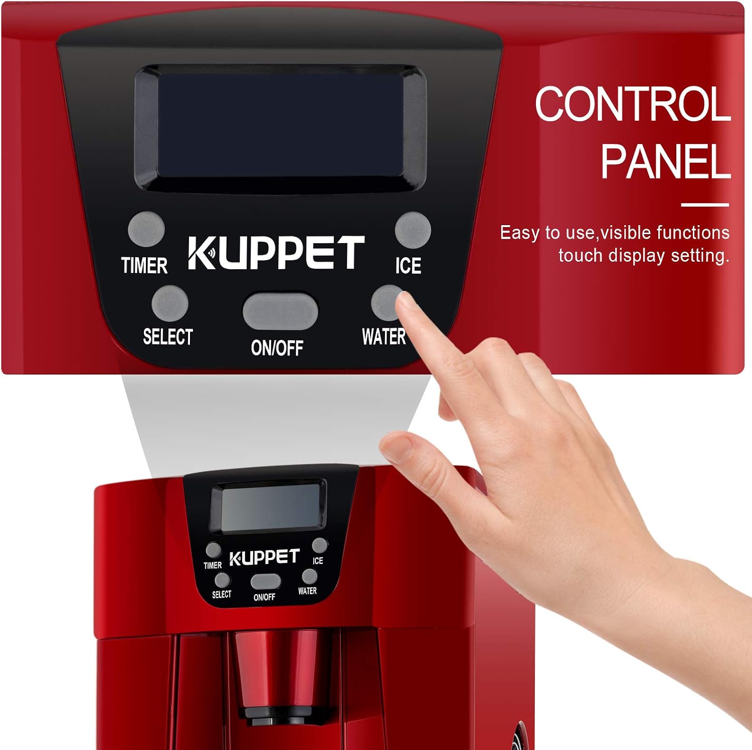 KUPPET 2 in 1 Countertop Ice Maker Water Dispenser, Ready in 6min, Produces 36 lbs Ice in 24 Hours, LED Display (Red)