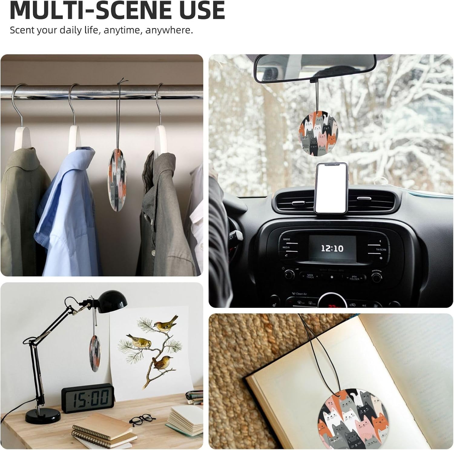 Car Air Freshener 24 PCS Cute Funny Grey Cats Pattern Hanging Car Air Fresheners Auto Interior Decor Card Freshener Strong Scented Card Lavender Cars Scents for Office Bedroom Close Drawer Round Shape
