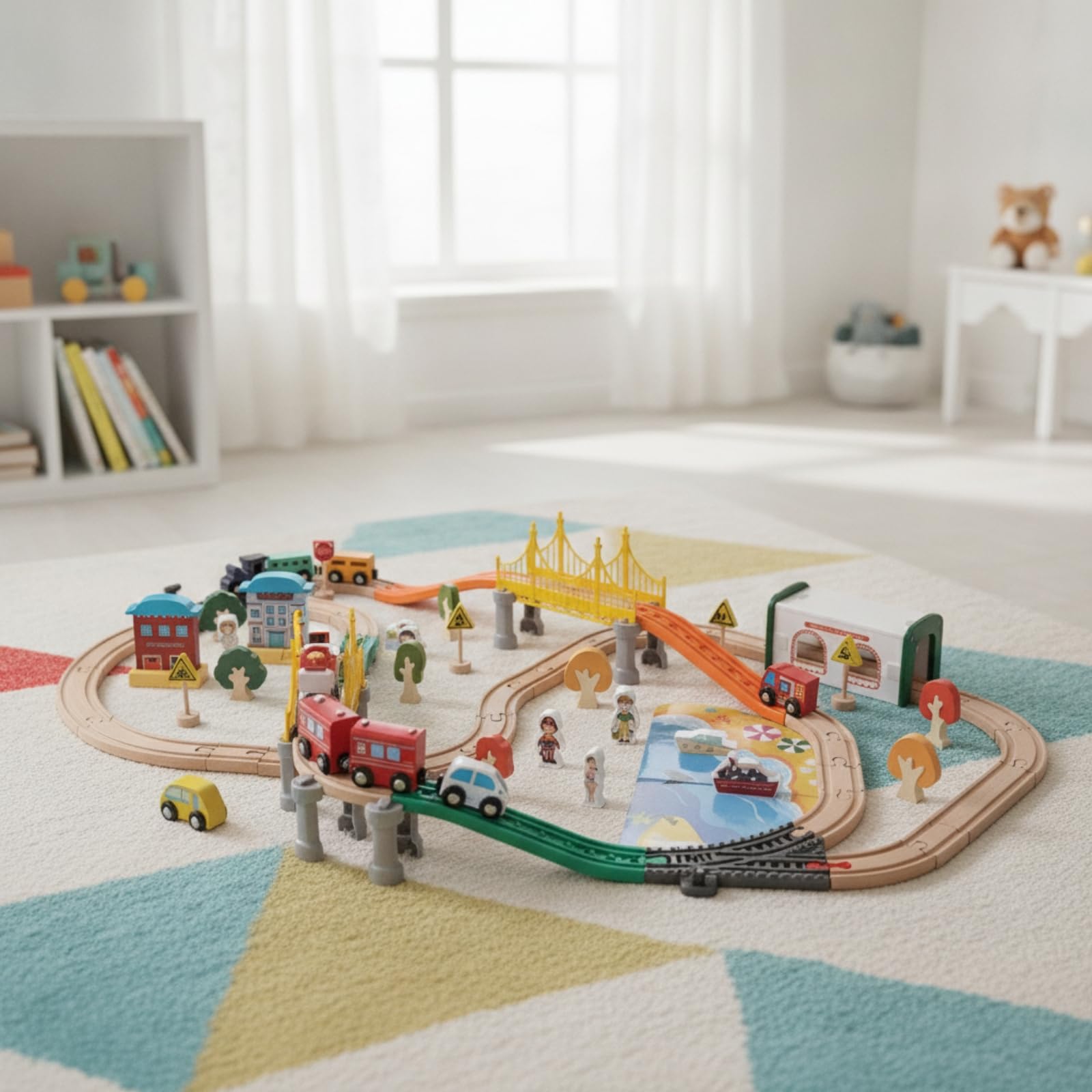 Children Electric Train Set Trenino Elettrico Giocattolo Pista Legno Plastica Set Binari Ponti Edifici Segnali Alberi Città Giocattolo Educativo