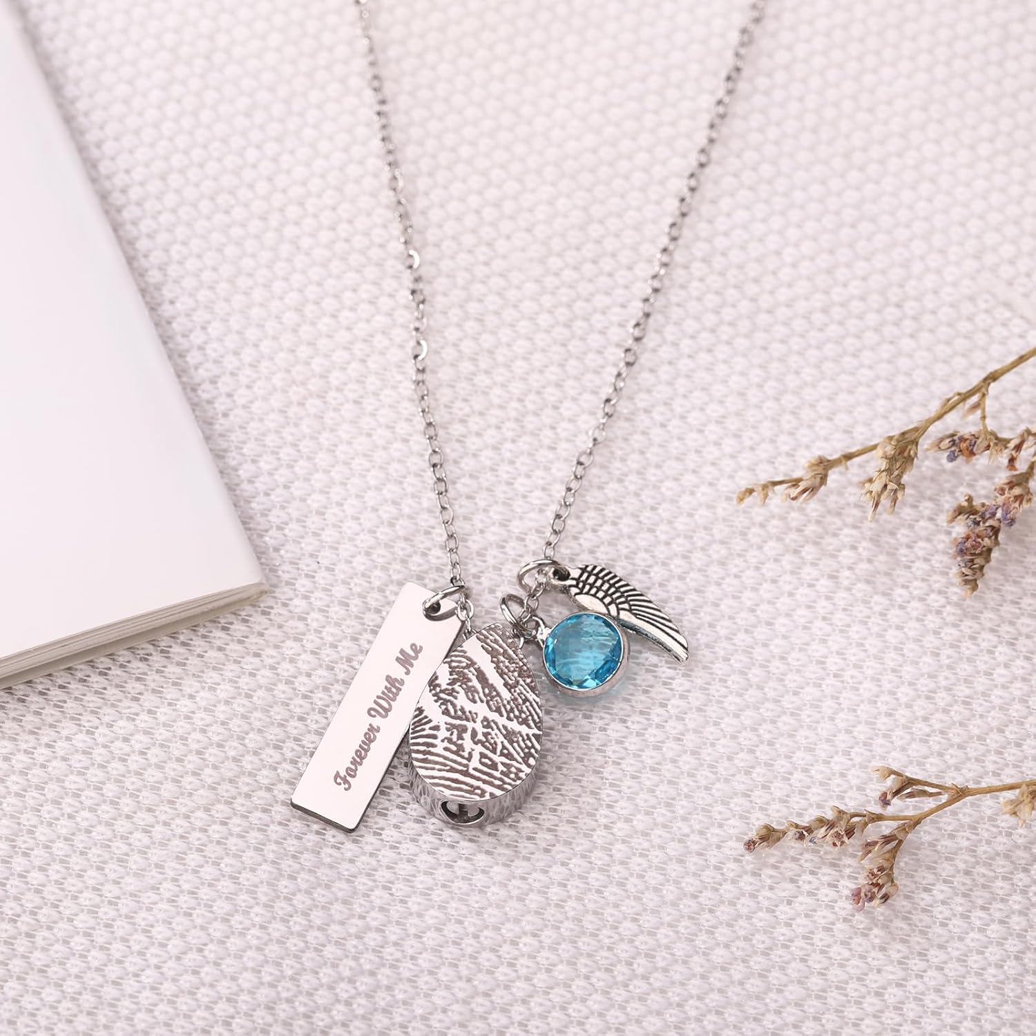 Personalized Memorial Fingerprint Teardrop Necklace With Birthstone Engraved Name Customized Letters Actual Fingerprint Oval Heart Wings Pendant Necklace Promise Anniversary Birthday Jewelry Gift for Women Men