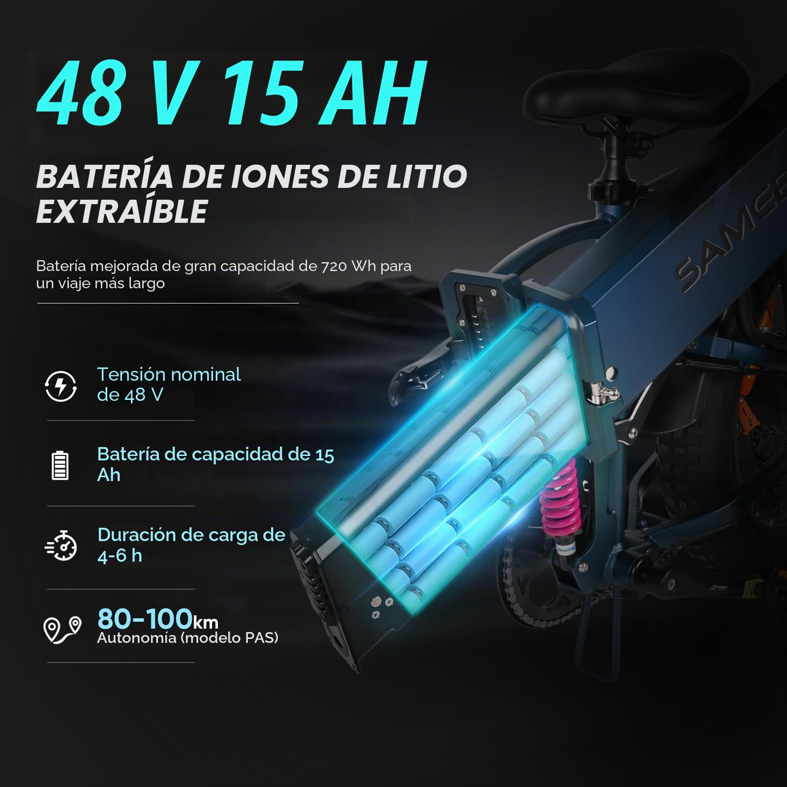 SAMEBIKE Bicicleta eléctrica Adulto A02Pro 100km autonomía 20"x4" Fat Bike electrica Plegable 48V 15Ah Batería Intercambiable Suspensión Delantera Bicicletas para IR al Trabajo de 7 velocidades