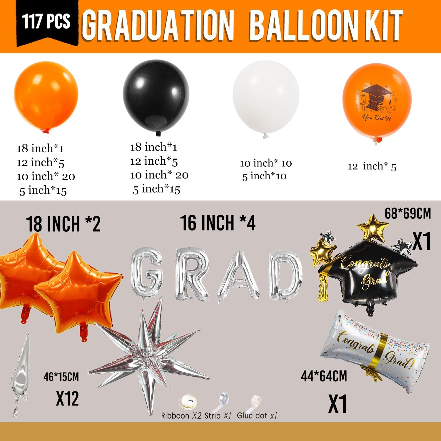 Orange Graduation Balloon Garland Arch Kit 117PCS with Graduation Star print Certificate Letter Mylar Foil Balloons for Graduate Class of 2026 Grad Prom party Decorations Supplies (Orange Black White) image 5