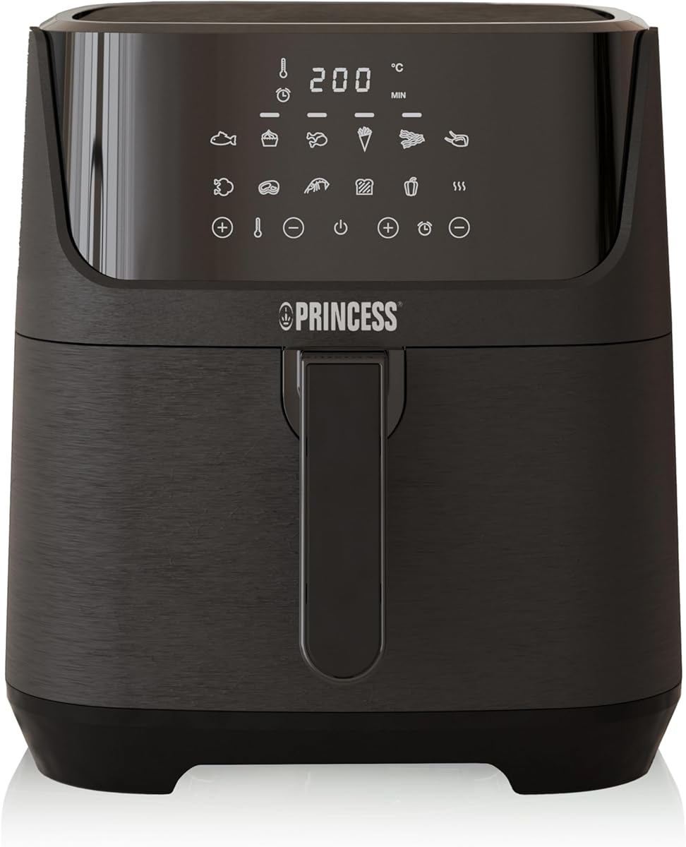 Princess 182061 Freidora sin aceite 6.5 L, super compacta, hasta un 60% menos de consumo de energía, libro con 30 recetas incluido, panel de control táctil digital, 12 programas, libre de BPA y PFOA