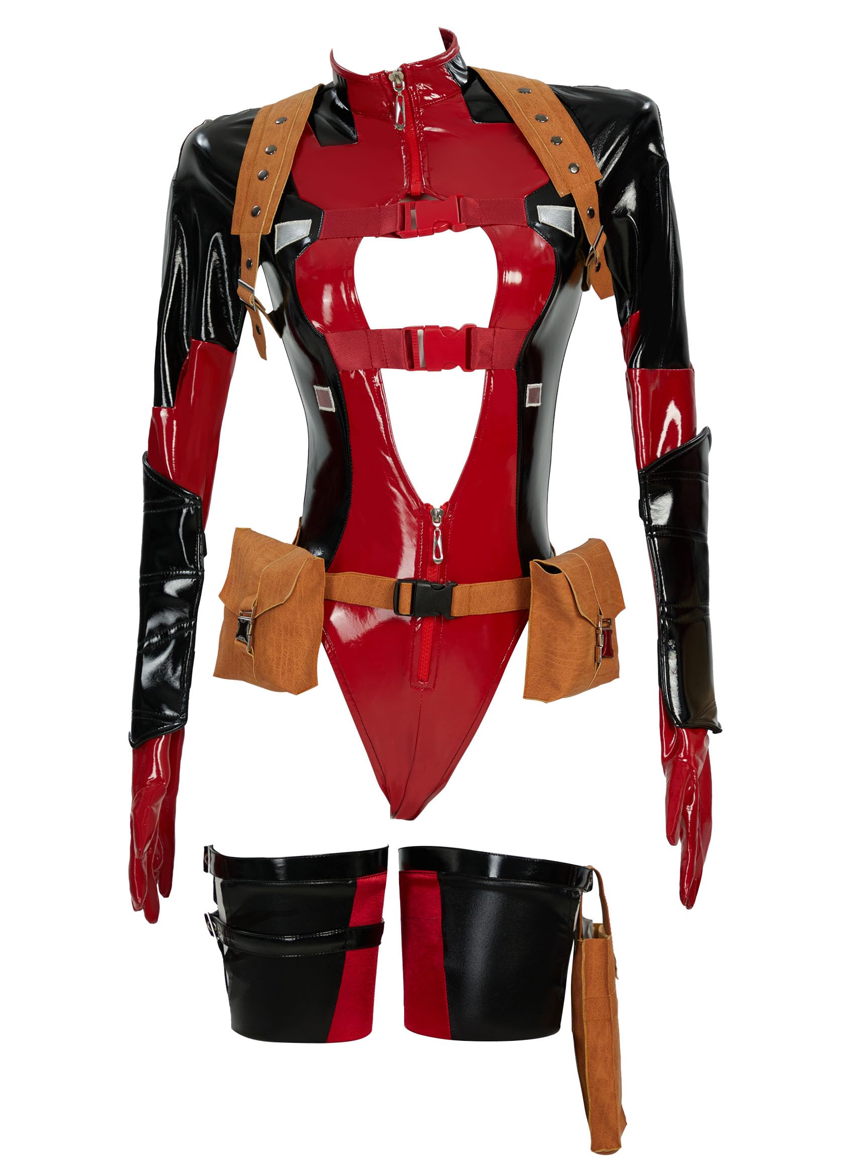 Mobbunny Movie Derivative Cosplay Costume for Women Bodycon Outfit Sexy Cutout Bodysuit with Holster Waist Bag and Socks: Medium Red