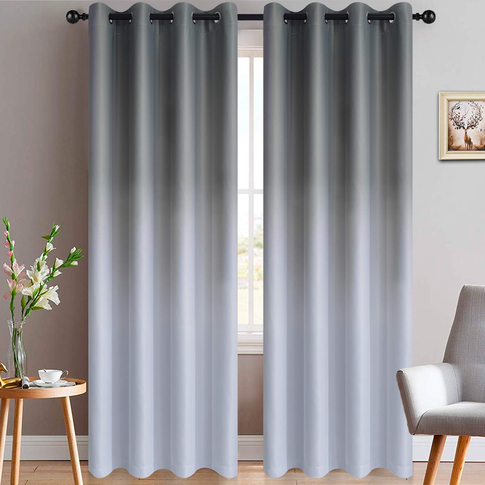 Yakamok 84 Inch Length Gray and Greyish White Light Blocking Gradient Color Ombre Curtains for Bedroom, Room Darkening Thermal Insulated Grommet Window Drapes for Living Room(2 Panels, 52x84 Inch)