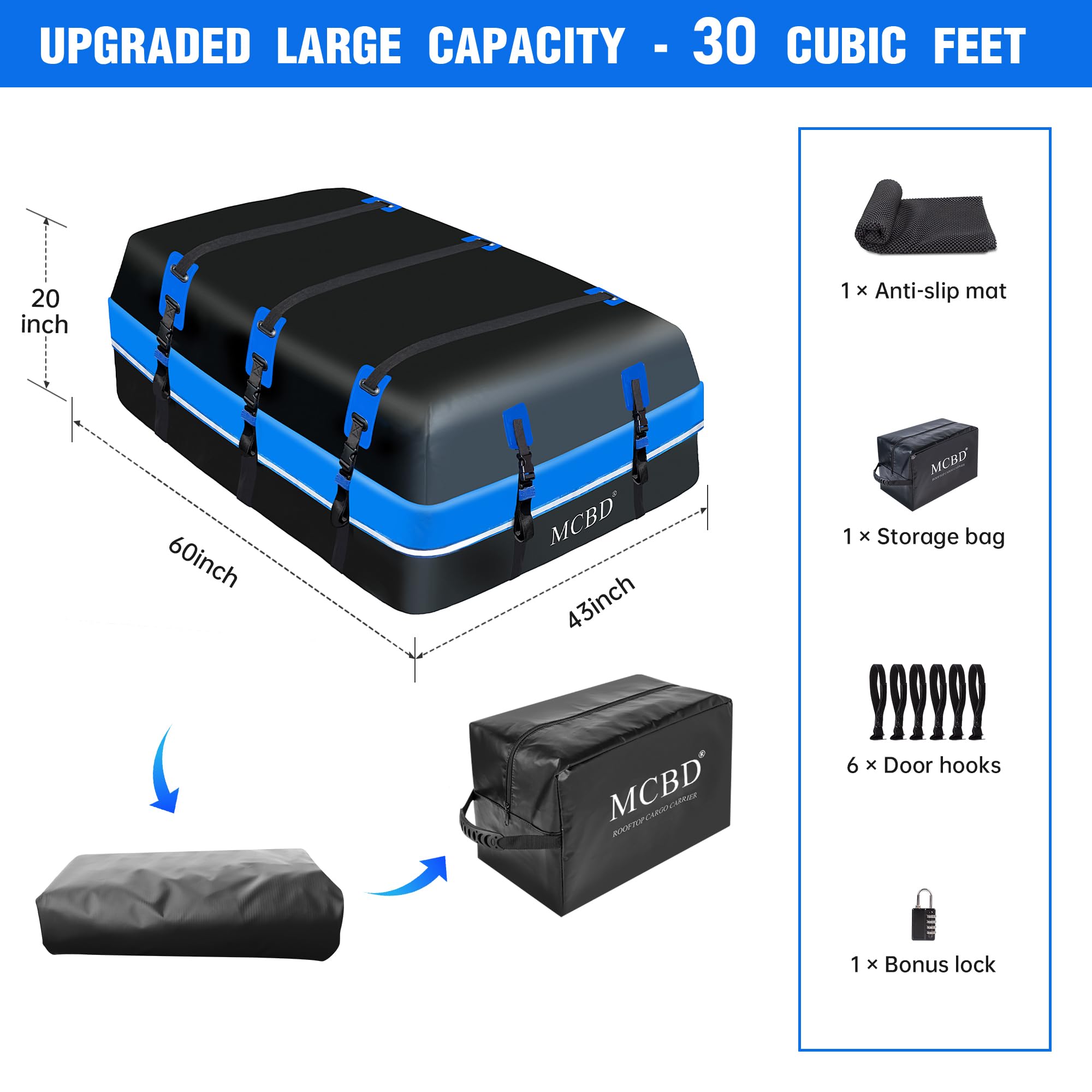 Auto Dachbox, 849L Große wasserdichte Weichschalen-Dachtasche mit 10 verstärkte Gurte 6 Türhaken für SUV Van mit/ohne Dachträger, Blau