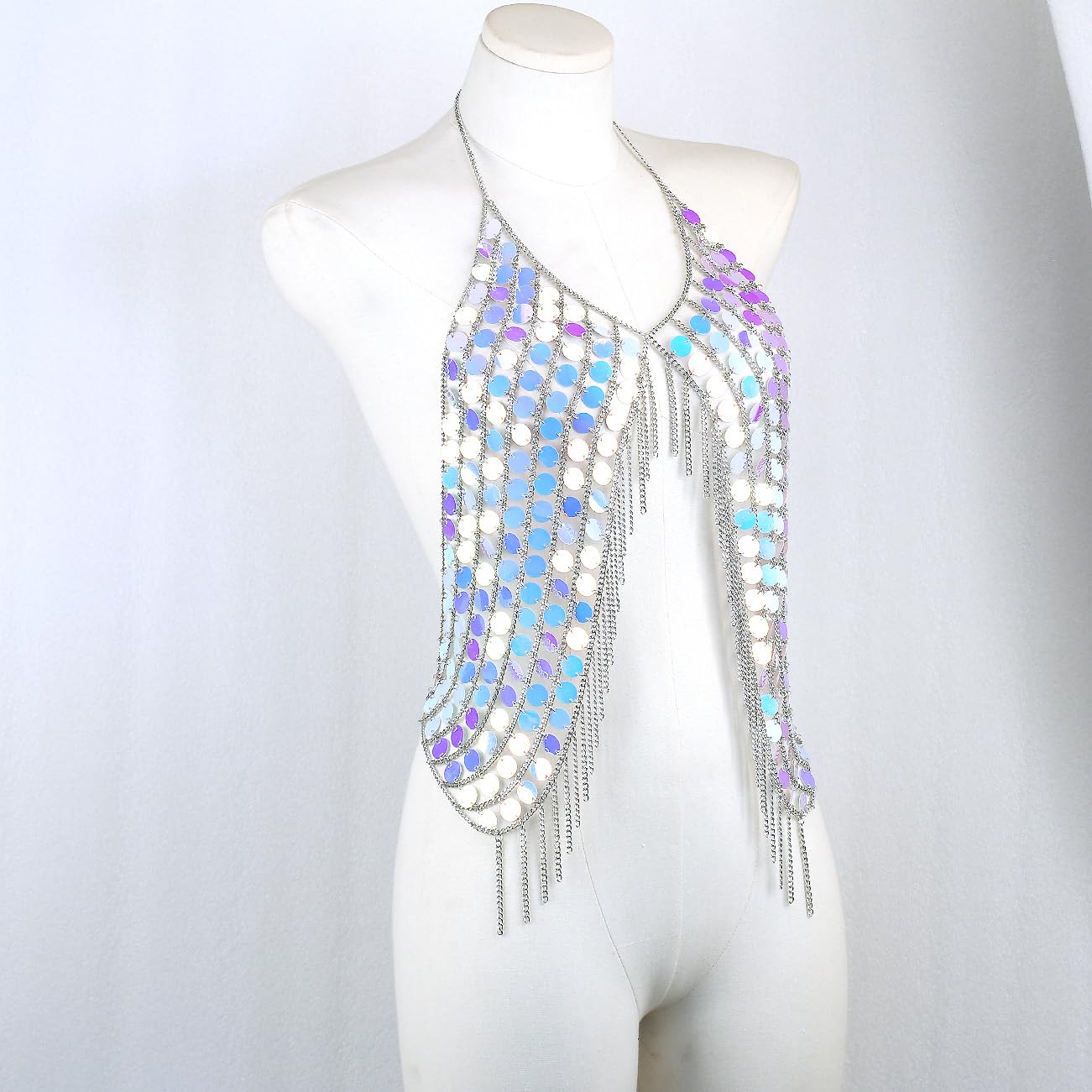 CHRAN Chaîne de poitrine sexy pour femme avec paillettes et dos nu Argenté Doré