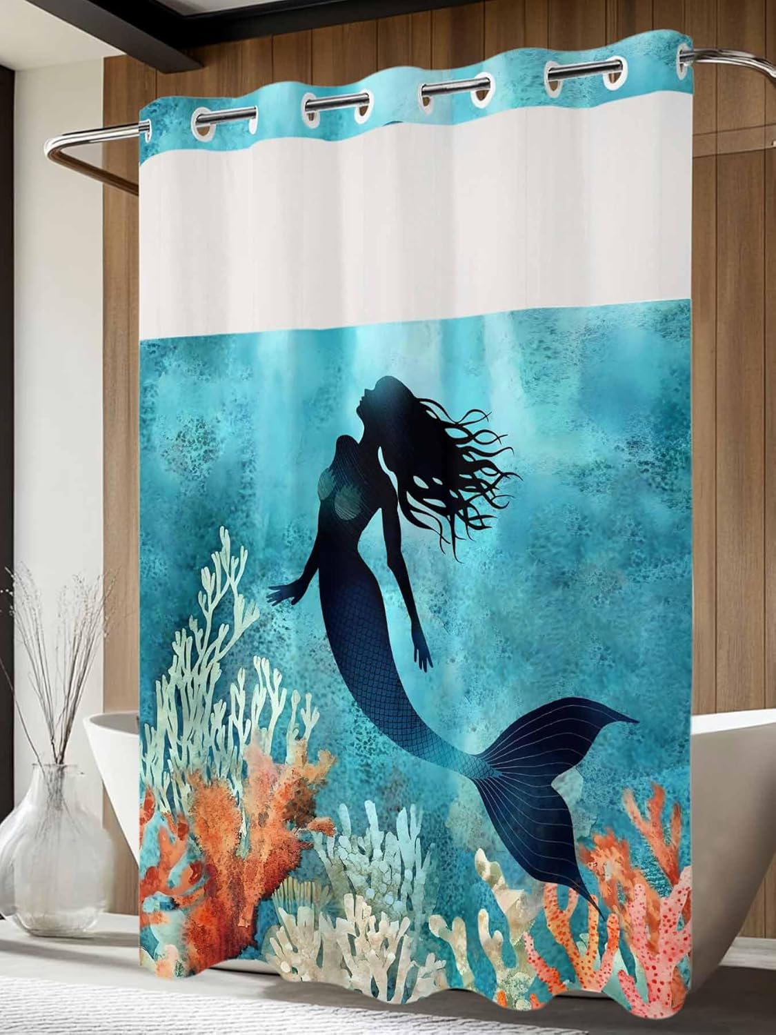 No Hook Shower Curtain with Snap in Liner, Watercolor Mermaid Silhouette Coral Shower Curtains for Bathroom Bath Curtain with See Through Top Window Undersea World