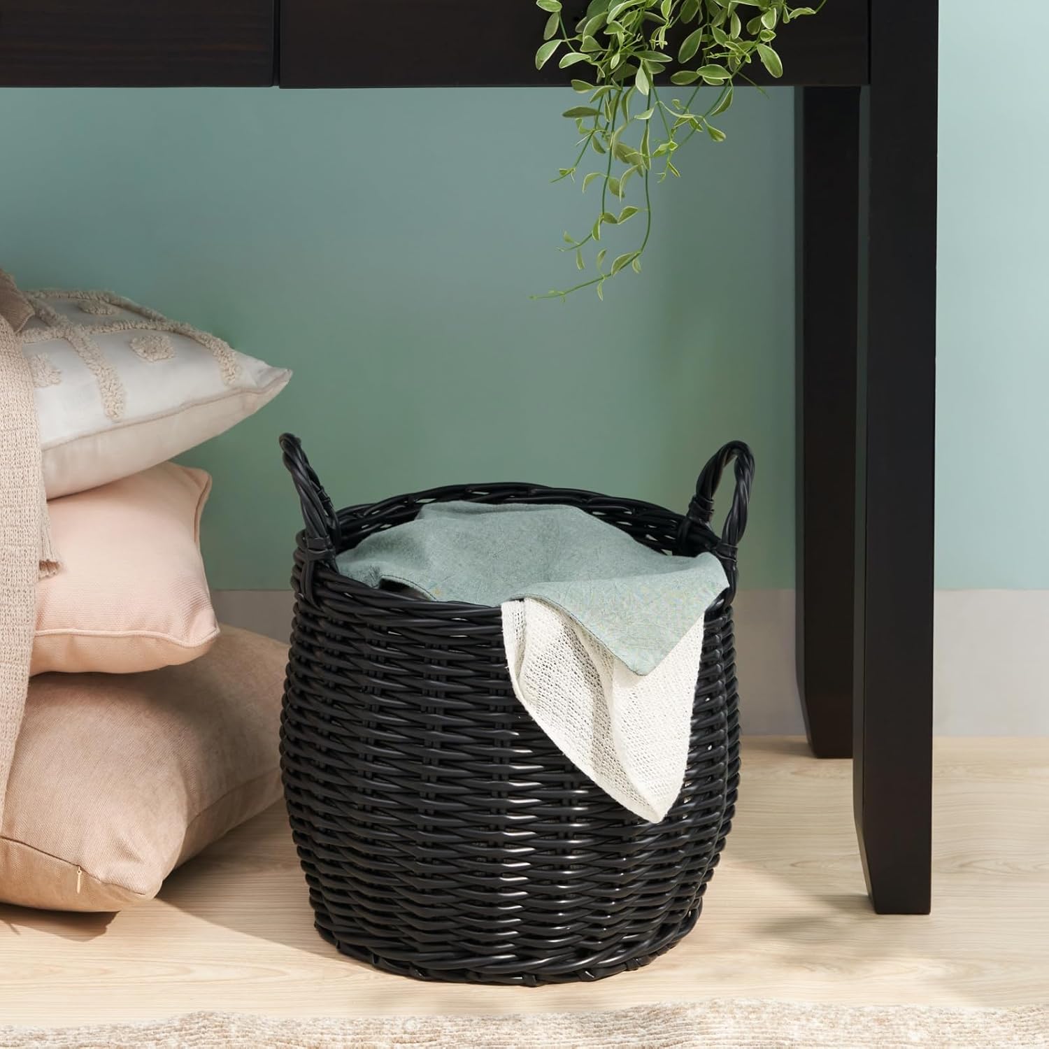 Round Resin Woven Wicker Basket with Handles - 13" x 13" x 10.2" - Black