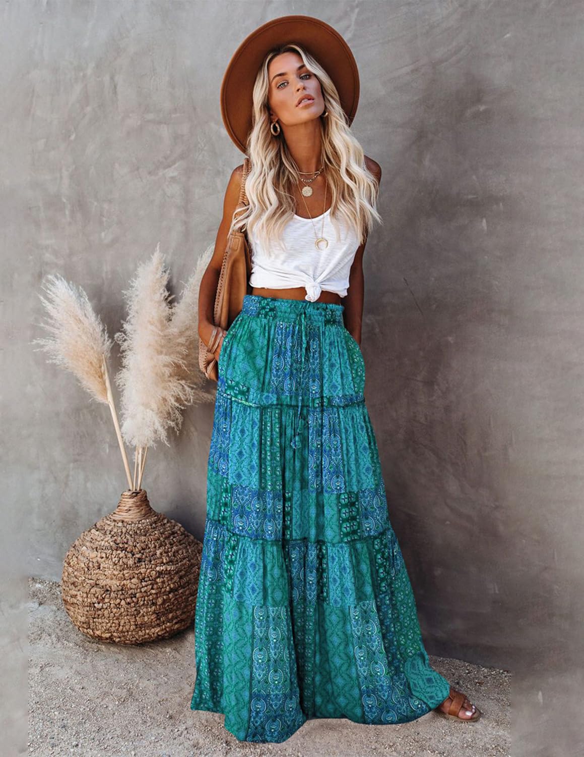 Femme Jupe Maxi Imprimé Robe 2 en 1 Taille Haute Elastique Casual Jupe de Plage Boho Fleurs Été