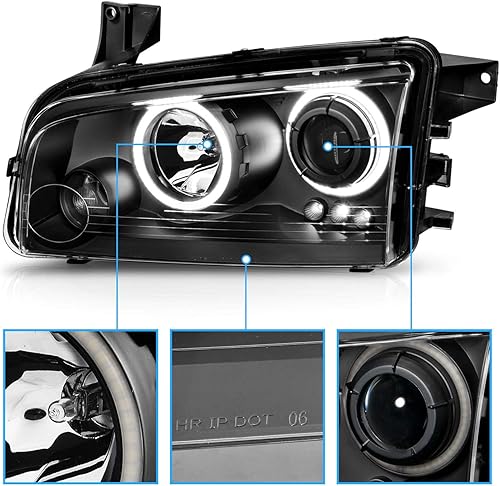 Miniatura 3 de AmeriLite Juego de faros delanteros de repuesto para Dodge Charger Dual Xtreme 2006-2010 con anillos de halo LED, color negro, lado del pasajero y