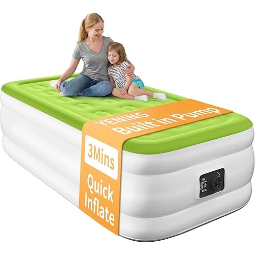 YENING Twin Size Air Mattress with Built in Pump Raised Single Inflatable Bed Blow up Mattressith Camping Airbed 18 Inch Tall