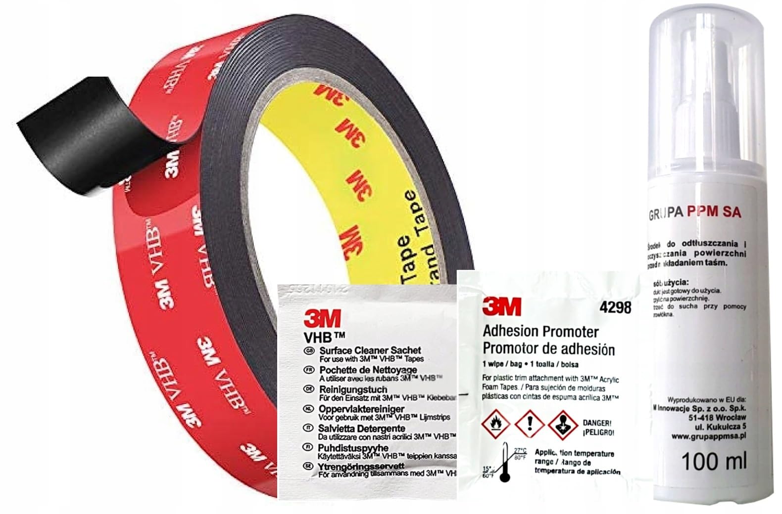 3M VHB 5952 Dwustronna taśma akrylowa mocna gr. 1,1mm + zestaw do przygotowania powierzchni (25mmx3m)