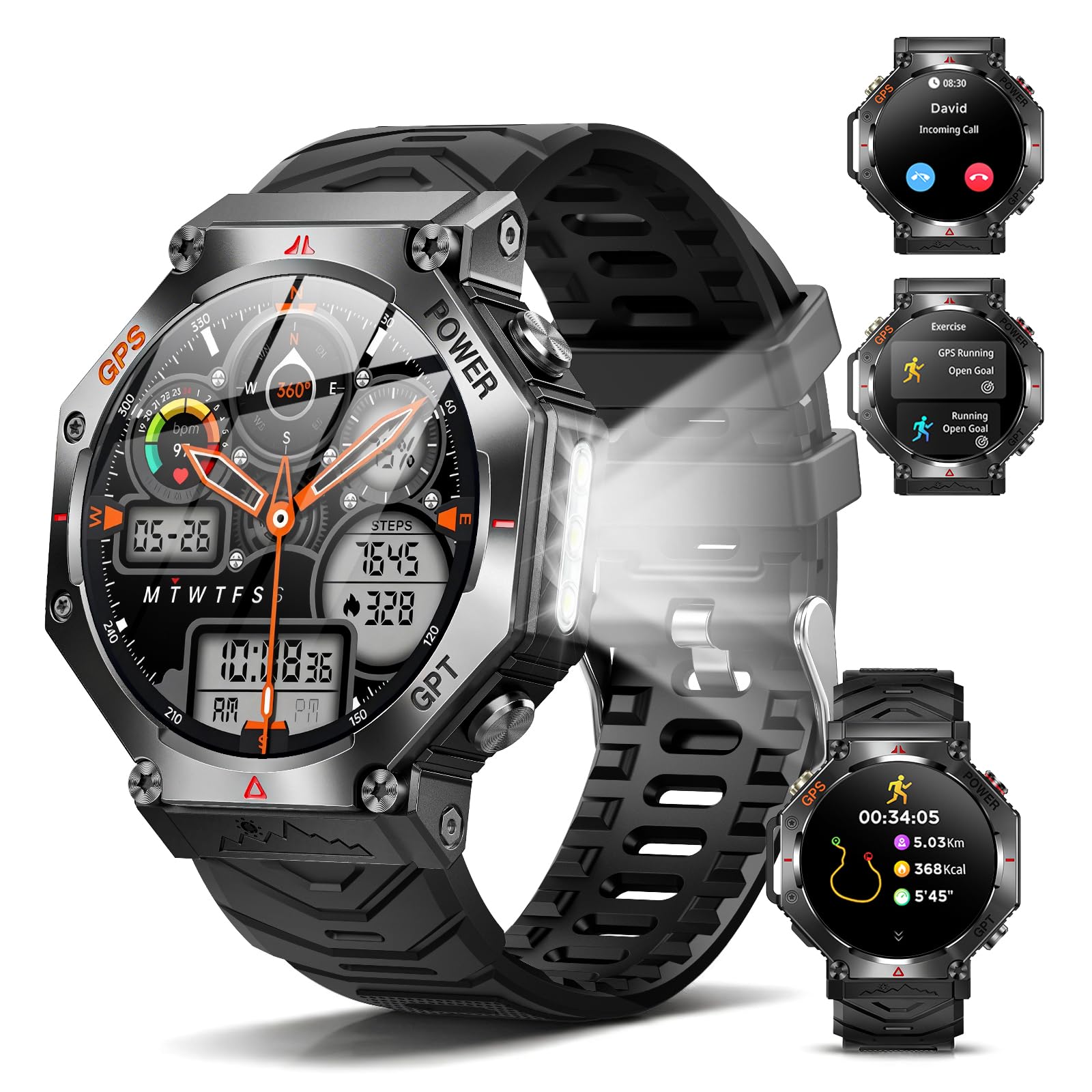 Smartwatch GPS da uomo, orologio sportivo militare 2026 | Orologio fitness da 3,5 cm, per Android e iOS, impermeabile fino a 3 ATM, con funzione telefonica, frequenza cardiaca, sonno
