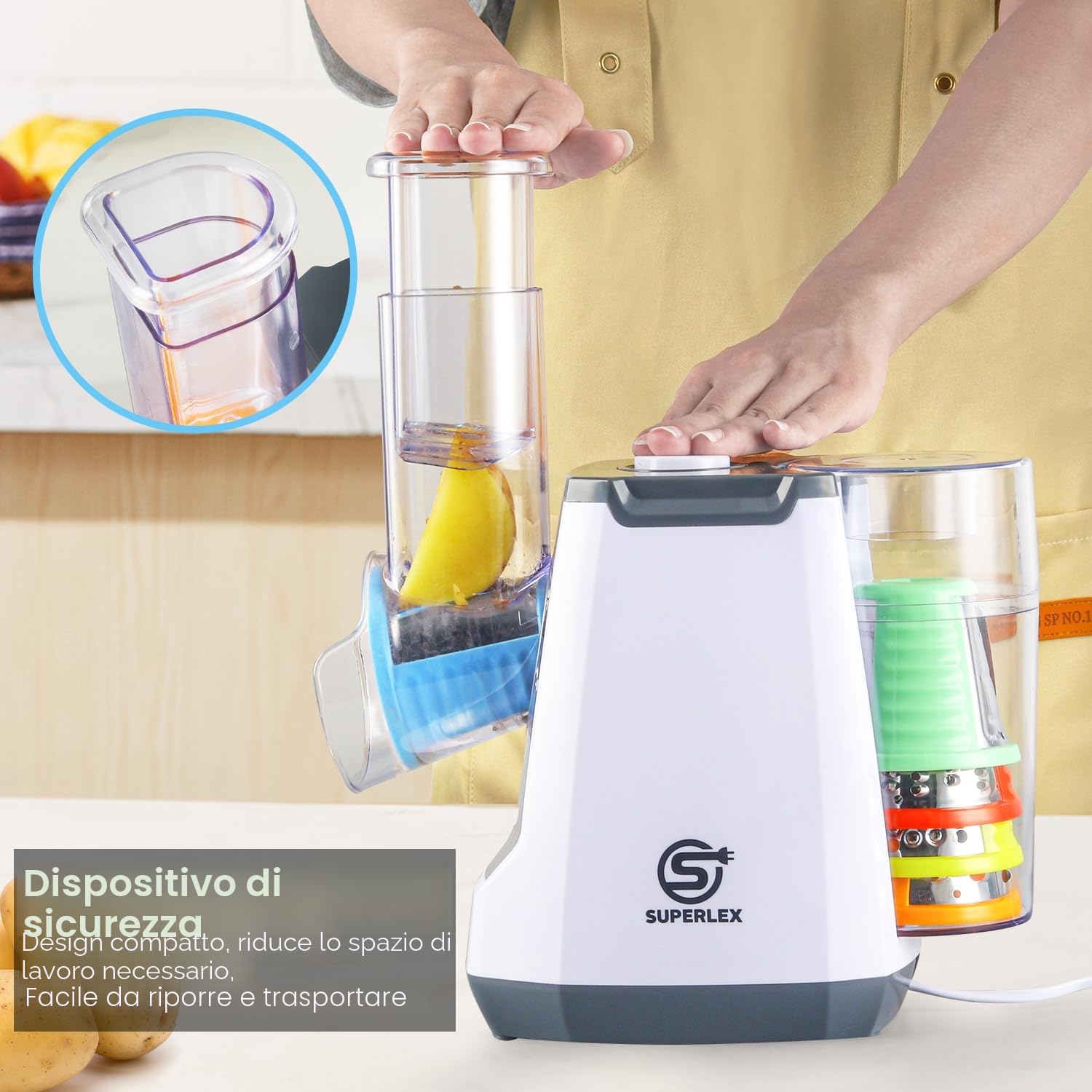 Affettaverdure elettrico 5-in-1, mandolina con 5 lame tamburo intercambiabili, grattugia per formaggio per frutta, verdura, carote, noci, grattugia da cucina