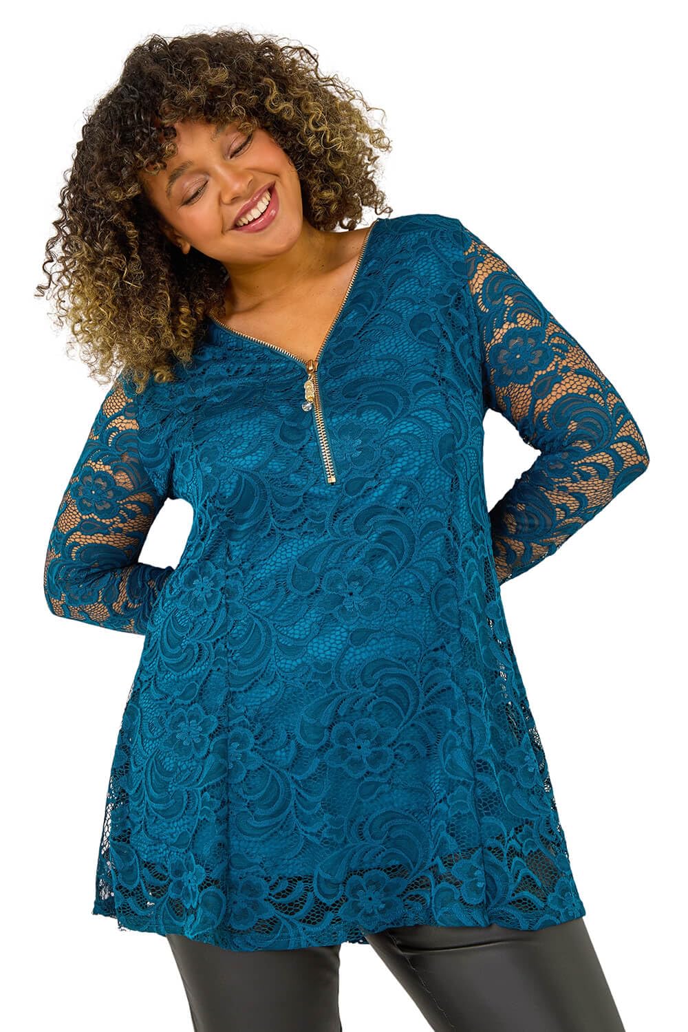 Roman Women's Teal Curve Zip Front Lace Stretch Top In | Size: 22/24
