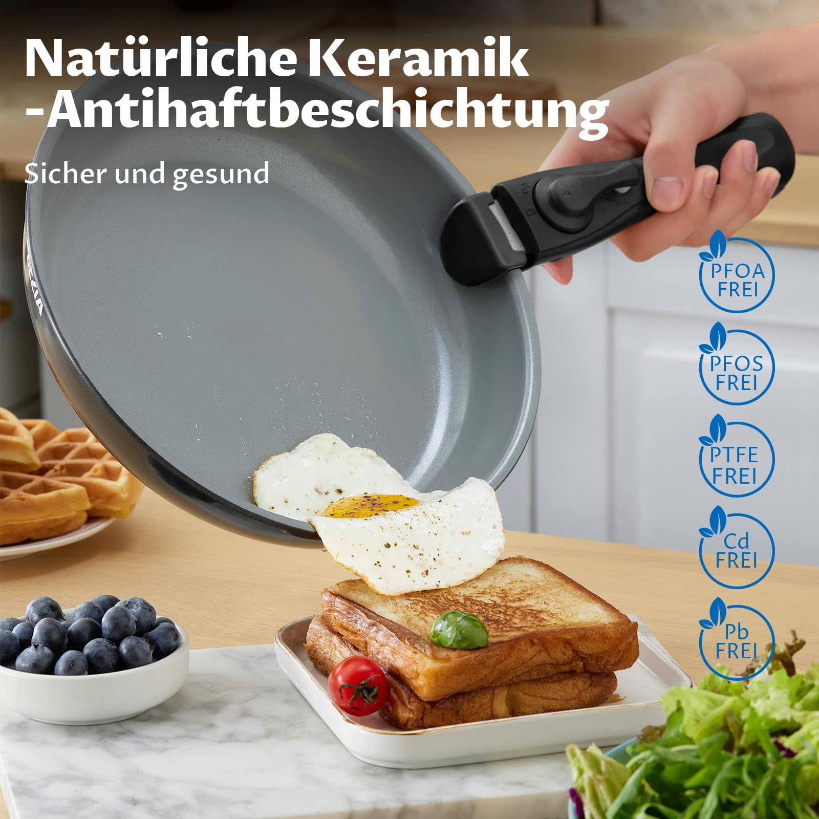 BEZIA Pfannen und Topfset mit abnehmbarem Griff, 13-tlg. Topf- & Pfannenset | Stapelbares Keramik Kochgeschirrset Induktion für Gesundes Kochen, PFAS/PTFE-frei, Ofenfest & Platzsparend für Küche/Camping
