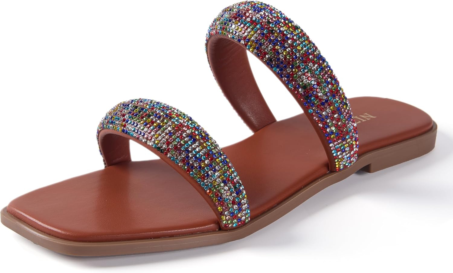 Sparkly Rhinestone Sandals for Women Bling Flat Sandals Dressy Glitter Sparkle Cute Strap Summer Slide Sandals for Dress Wedding Bridesmaid