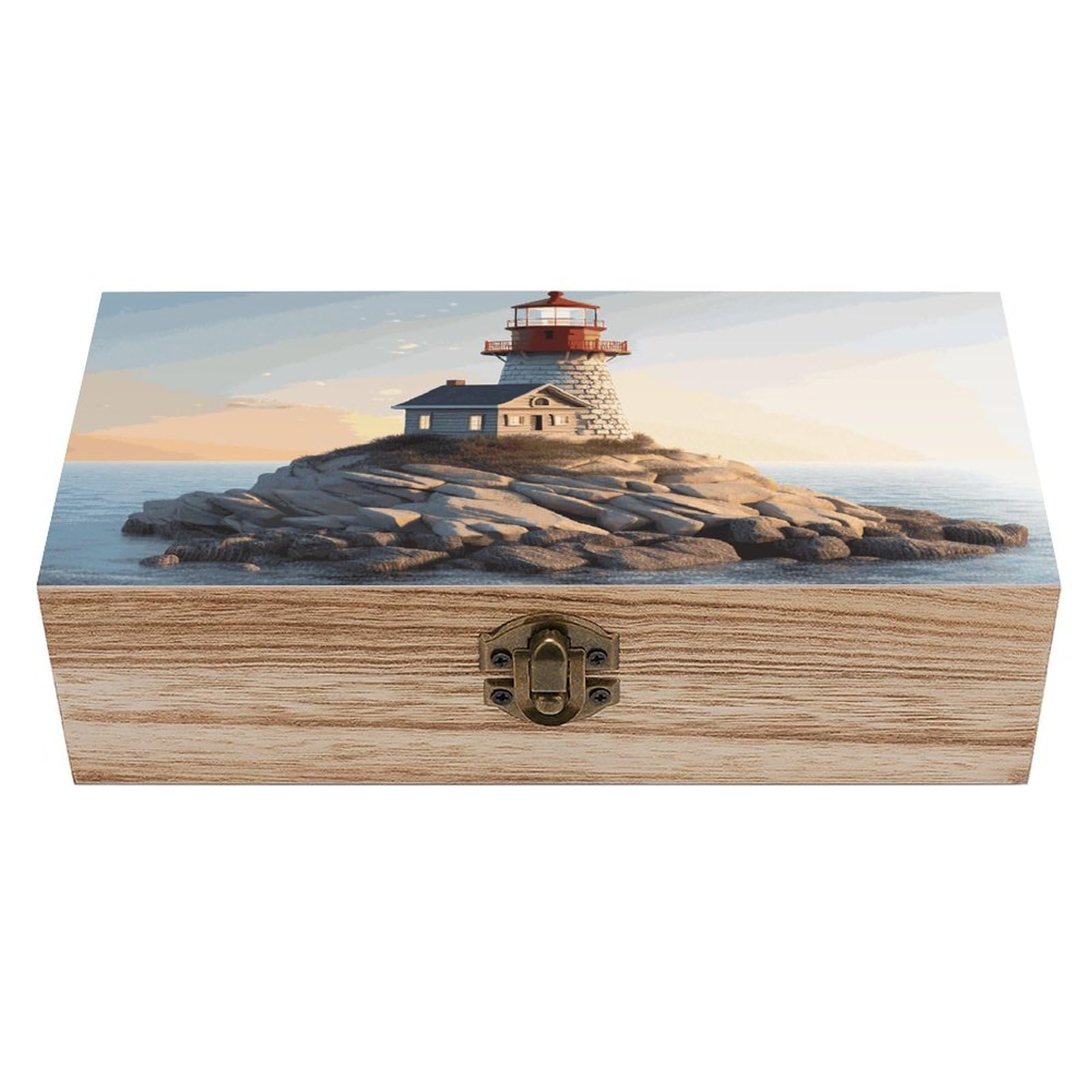 VstaDank 3D Seaside Lighthouse Wooden Storage Box Wooden Keepsake Box with A Hinged Lid Fashion Memory Treasure Boxes Decorative Jewelry Case for Crafts Photo Home Decor Wood Gift Box