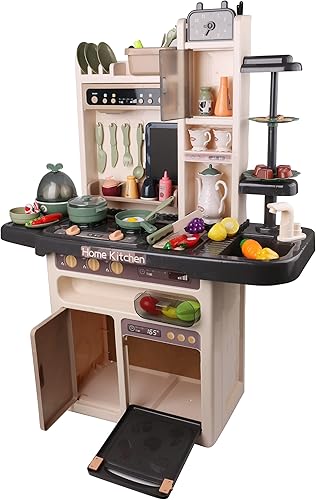 Moderno juego de cocina para niños y niñas, con vapor, grifo de agua, música, luces y 65 accesorios, juego de cocina de simulación con tabla de