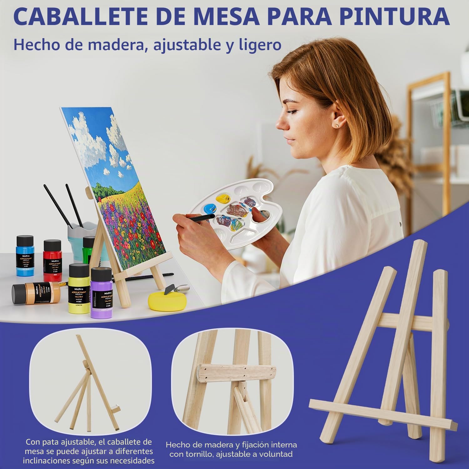 Nicpro Juego de lienzos de pintura acrílica para adultos, kit de 80 piezas de suministros de pintura artística con 36 pinturas (36 ml), caballete de madera de mesa, 10 paneles de lienzo, 12 pinceles,