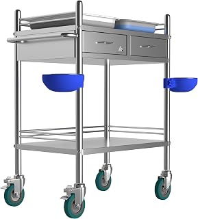 *Improved & Upgraded* Medical Stainless Steel 2 Tier Rolling Cart with Wheels and Drawers | Dental Hospital Nursing Trolley | Easy-to-Disinfect Phlebotomy Mobile Workstation