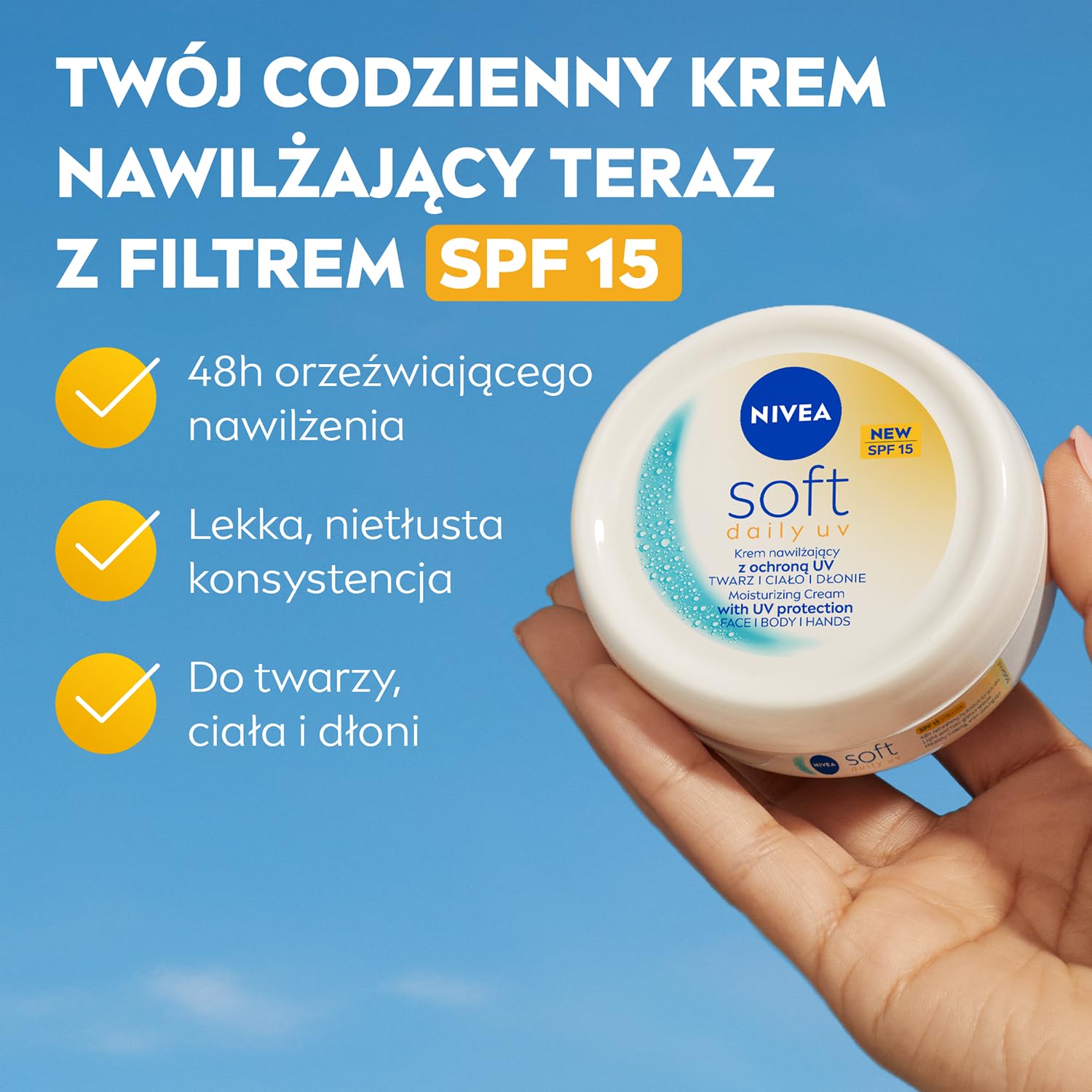 NIVEA Soft Lekki krem do twarzy, ciała i rąk intensywnie nawilżający z witaminą E i olejkiem jojoba SPF 15, 200 ml