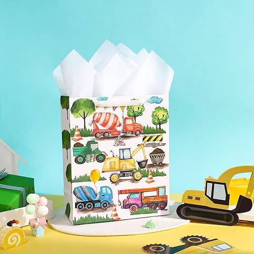 Miniatura 4 de WRAPAHOLIC Bolsa de regalo grande de vehículo de construcción de 13 pulgadas con papel de seda, diseño de coche para niños, cumpleaños de niños,