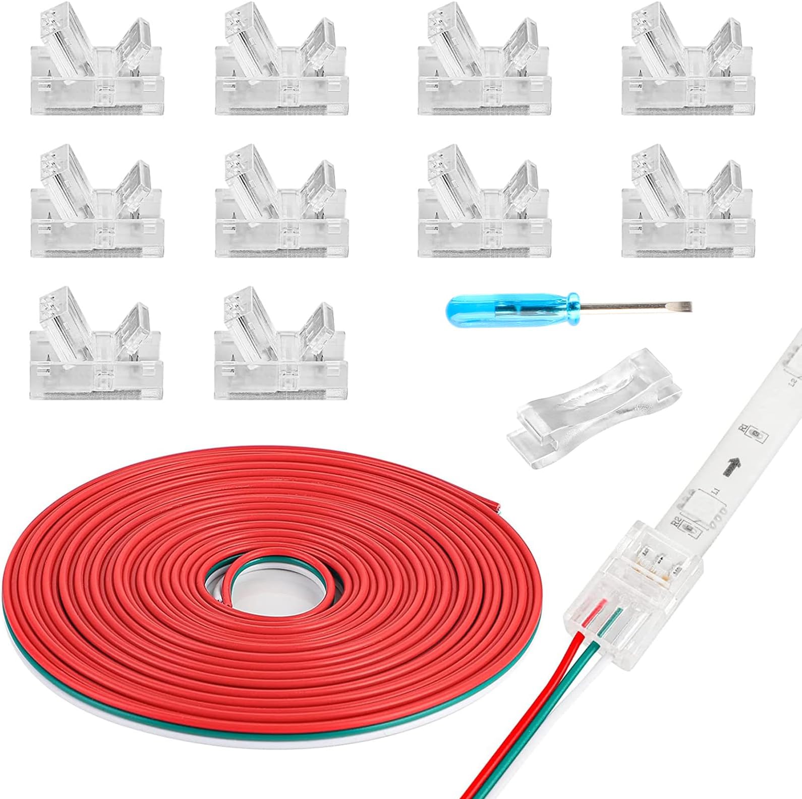 HOMELYLIFE 3 Pin 10mm LED Strip Connector Solderless 10 Pcs with 16.4ft Extension Cable 3 Conductor for Waterproof or Non-Waterproof WS2811 WS2812 WS2812B LED Strip Lights