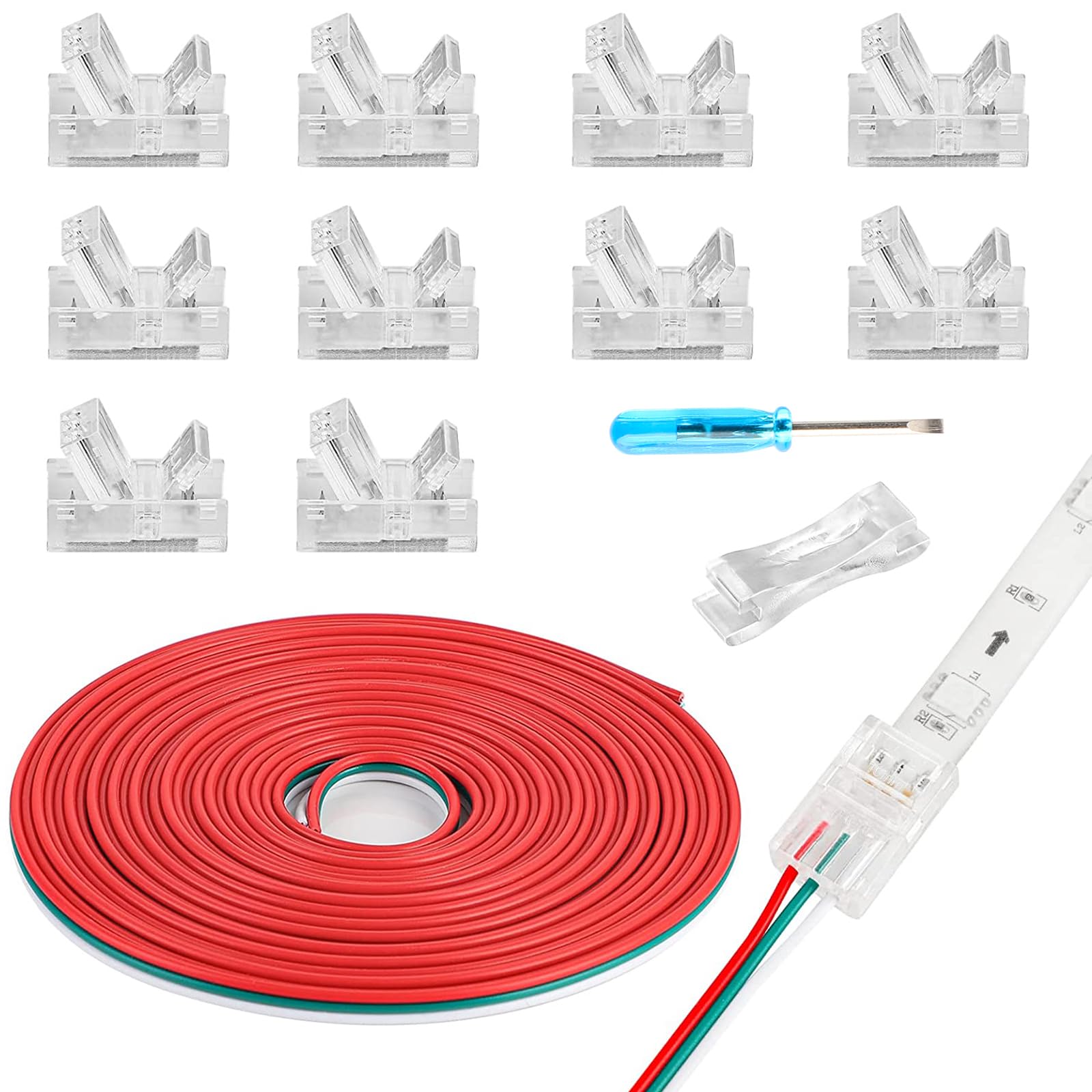 HOMELYLIFE 3 Pin 10mm LED Strip Connector Solderless 10 Pcs with 16.4ft Extension Cable 3 Conductor for Waterproof or Non-Waterproof WS2811 WS2812 WS2812B LED Strip Lights