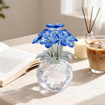 Funvalley Surperfect Blue Crystal Forget Me Not Flowers,Sympathy Glass Flowers Crystal Decoration for Home,Handmade Glass Flower Figurine for Office Tabletop Collectibles