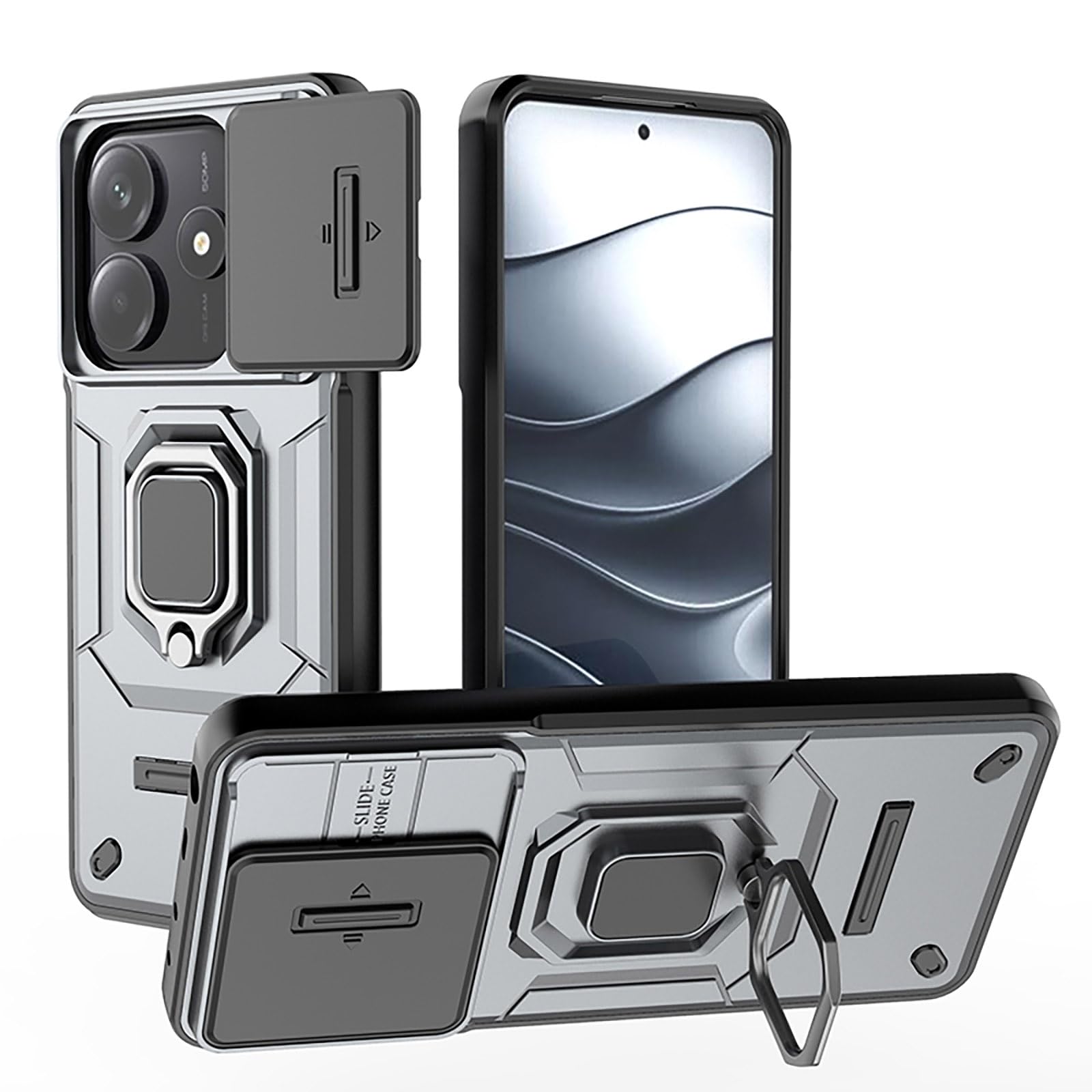 TEYYOS Cover Armatura per Xiaomi Redmi Note 14 5G, Custodia Antiurto con Coperchio Scorrevole e Staffa - Grigio