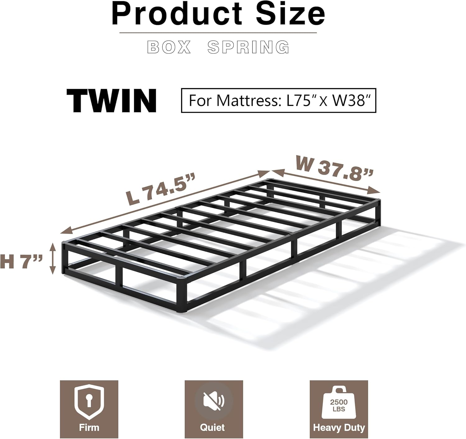 7 Inch Heavy Duty Metal Twin Box Spring Mattress Foundation, 2500lbs High Capacity Bed Base with Non-Slip Support, No Noise Structure, Easy Assembly, Durable Fabric Cover, Black