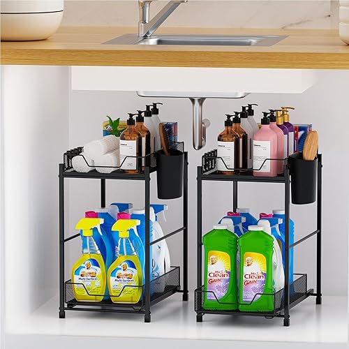 Miniatura 2 de VITVITI Organizador y almacenamiento para debajo del fregadero, organizador extraíble para debajo del baño, con cajón, 2 niveles de malla metálica