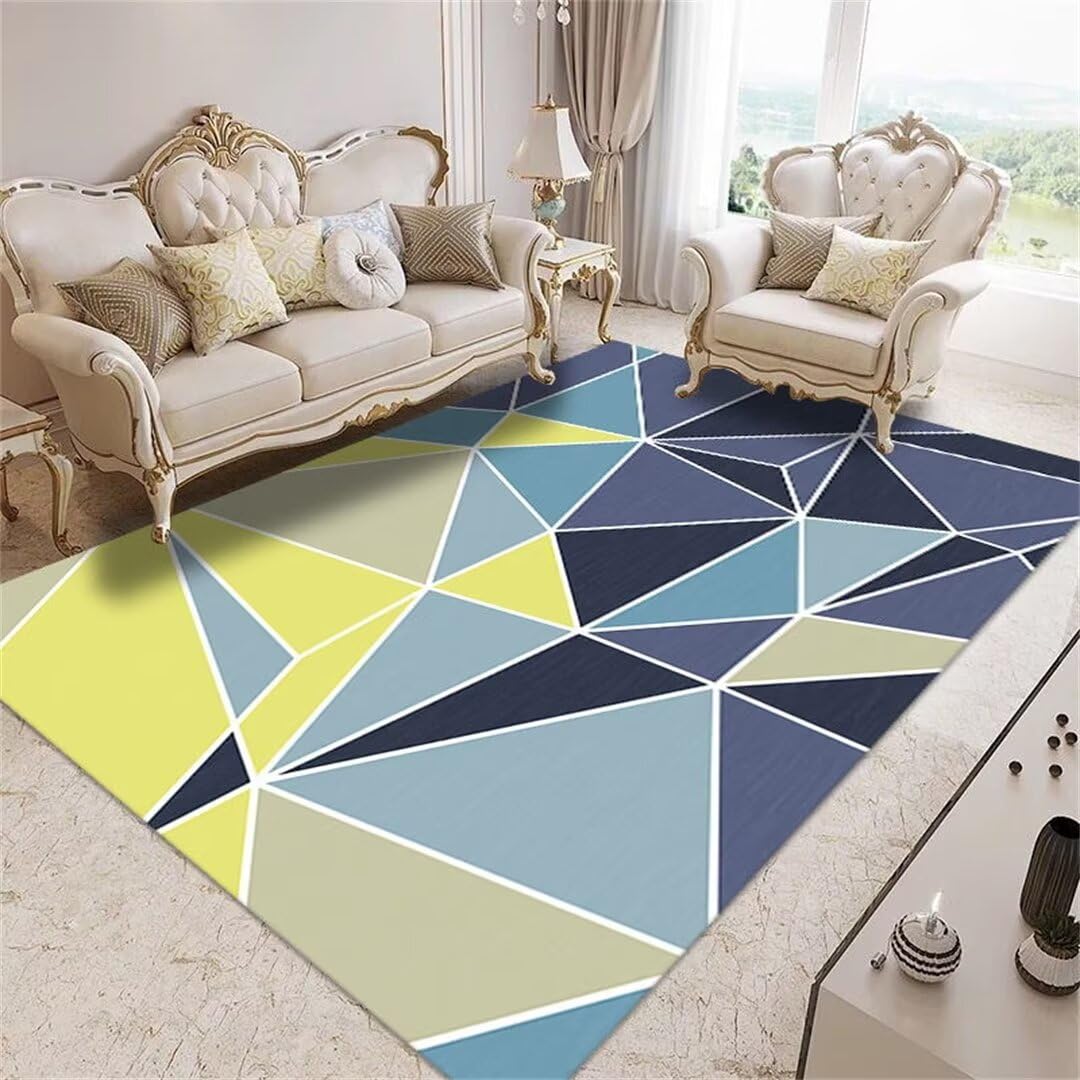 Tapis de salon moderne antidérapant grand format bleu géométrique