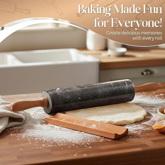 Flexzion Marble Rolling Pin with Cradle Stand, 10-Inch Dough Roller, Black
