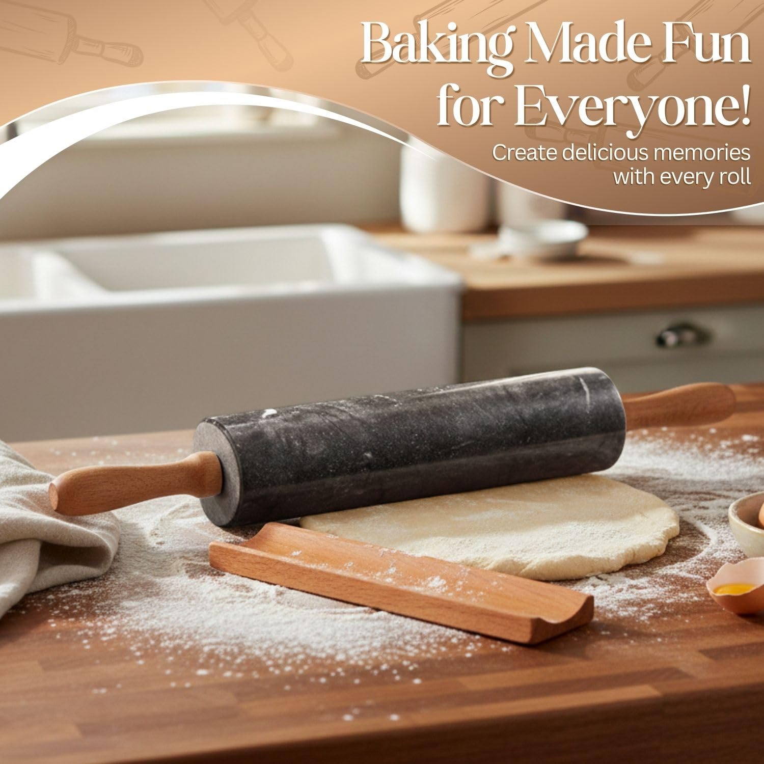 Flexzion Rodillo de mármol negro, 10 pulgadas con mango de madera y soporte de base de soporte, rodillo de mármol para hornear, pastelería, pizza, masa, fondant, galletas, corteza, pasta, panadería,
