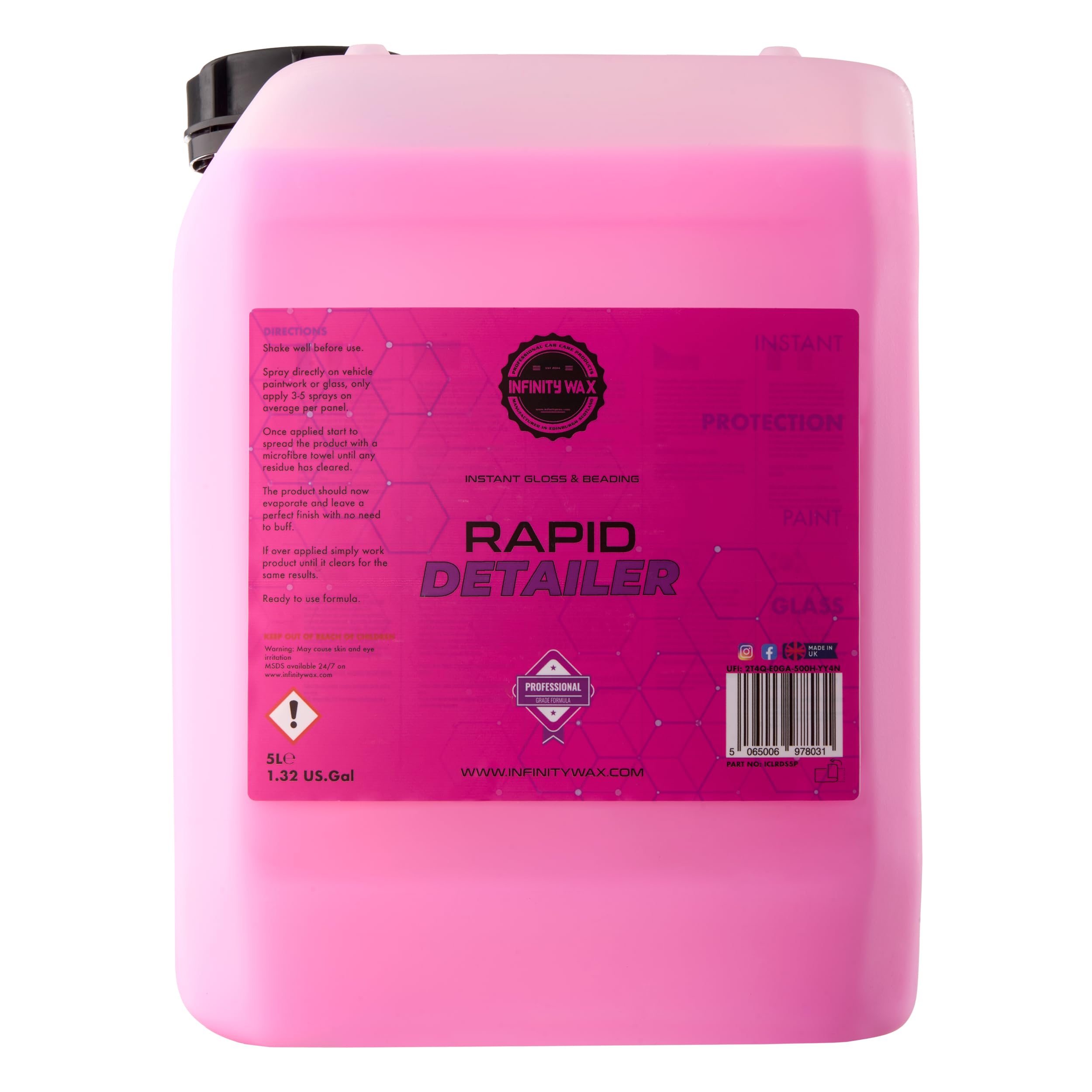 Infinity Wax Rapid Detailer Pink 5L – Trade Size Quick Detailer Spray Gloss, Slickness & Water Beading, No Buffing Safe on Paint, Trim, Glass, 8+ Weeks Protection Carnauba Wax Compatible