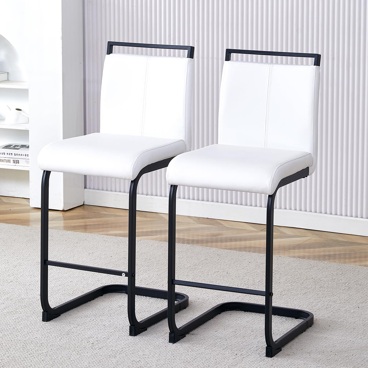Rejeke Counter Height Bar Stools Set of 2,25" PU Leather Bar Stools with Back,Counter High Chairs with Black Painted Metal Legs,White Bar Stools of 2