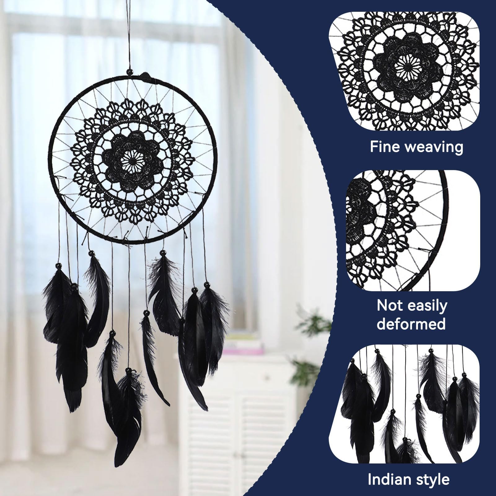 HERCHR Acchiappasogni nero, acchiappasogni con perline e piume, per decorazione della camera da letto, casa, auto, diametro 20,5 cm