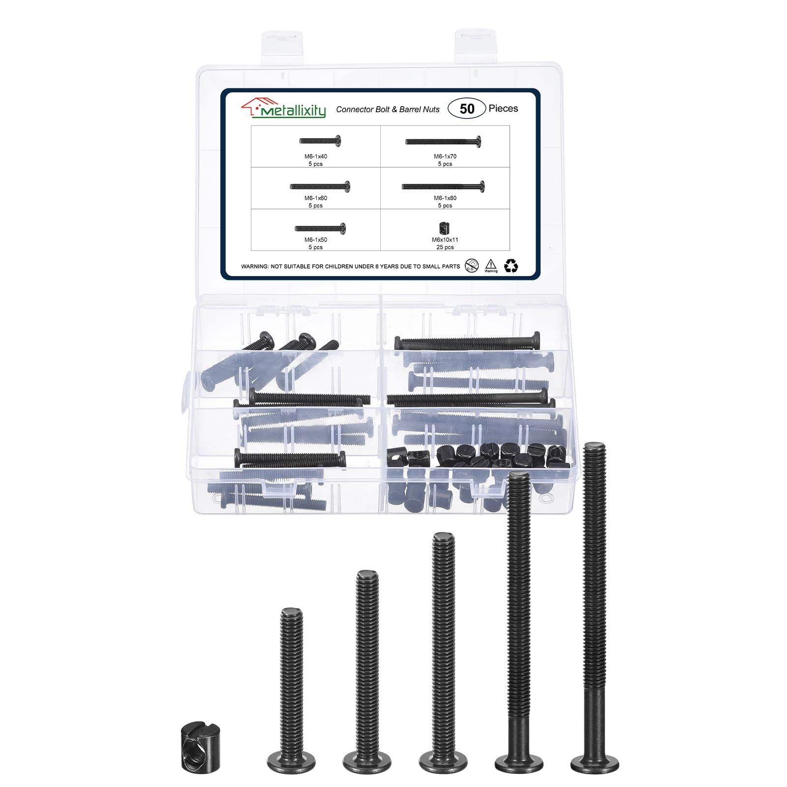 METALLIXITY Furniture Crib Screws Replacement Set(M6-1x40/50/60/70/80mm) 50Pcs, Connector Bolt M6 Screw Barrel Nuts Binding Screws, for Chair Cabinet