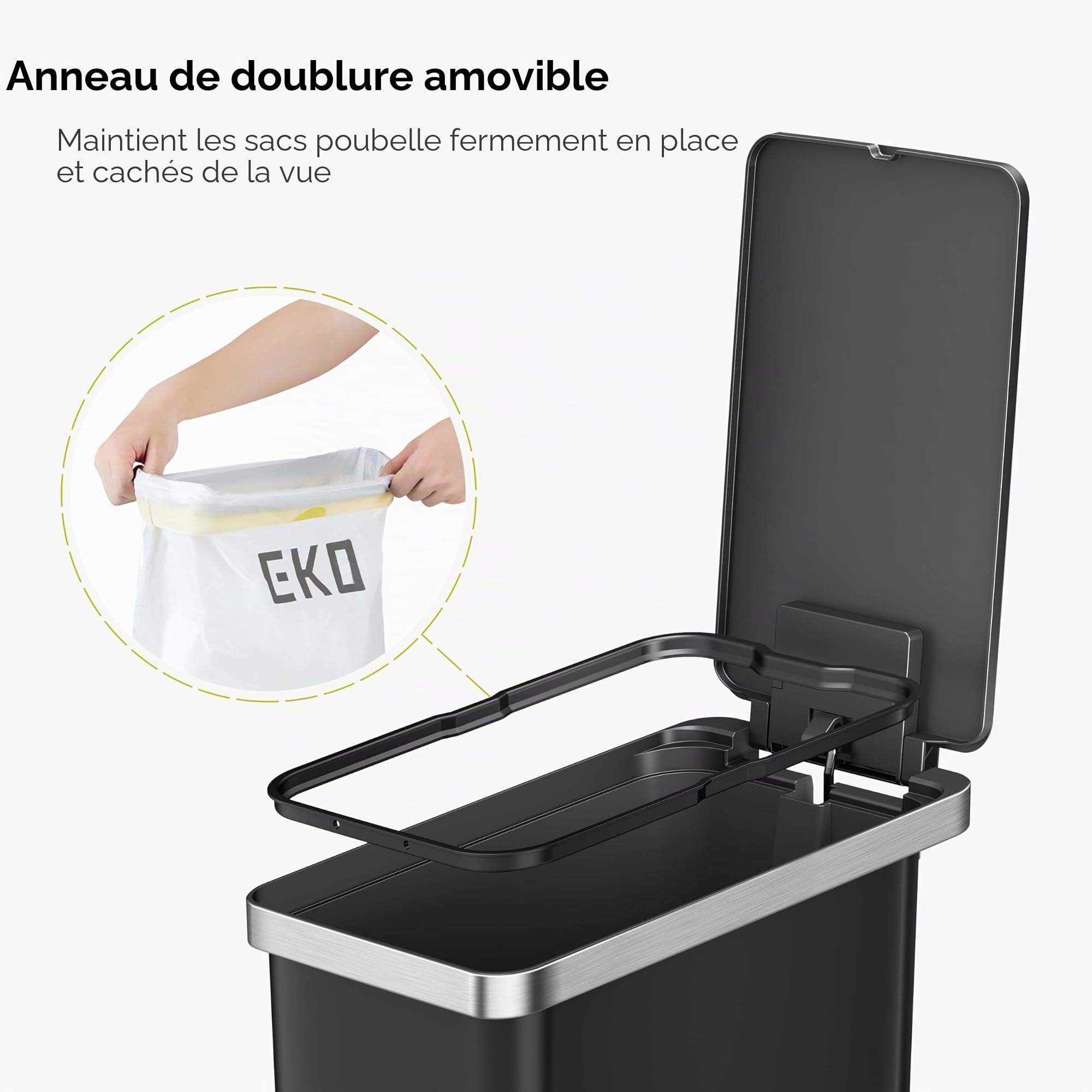 Poubelle de cuisine EKO Hana à pédale fermeture douce couvercle ouvert noir