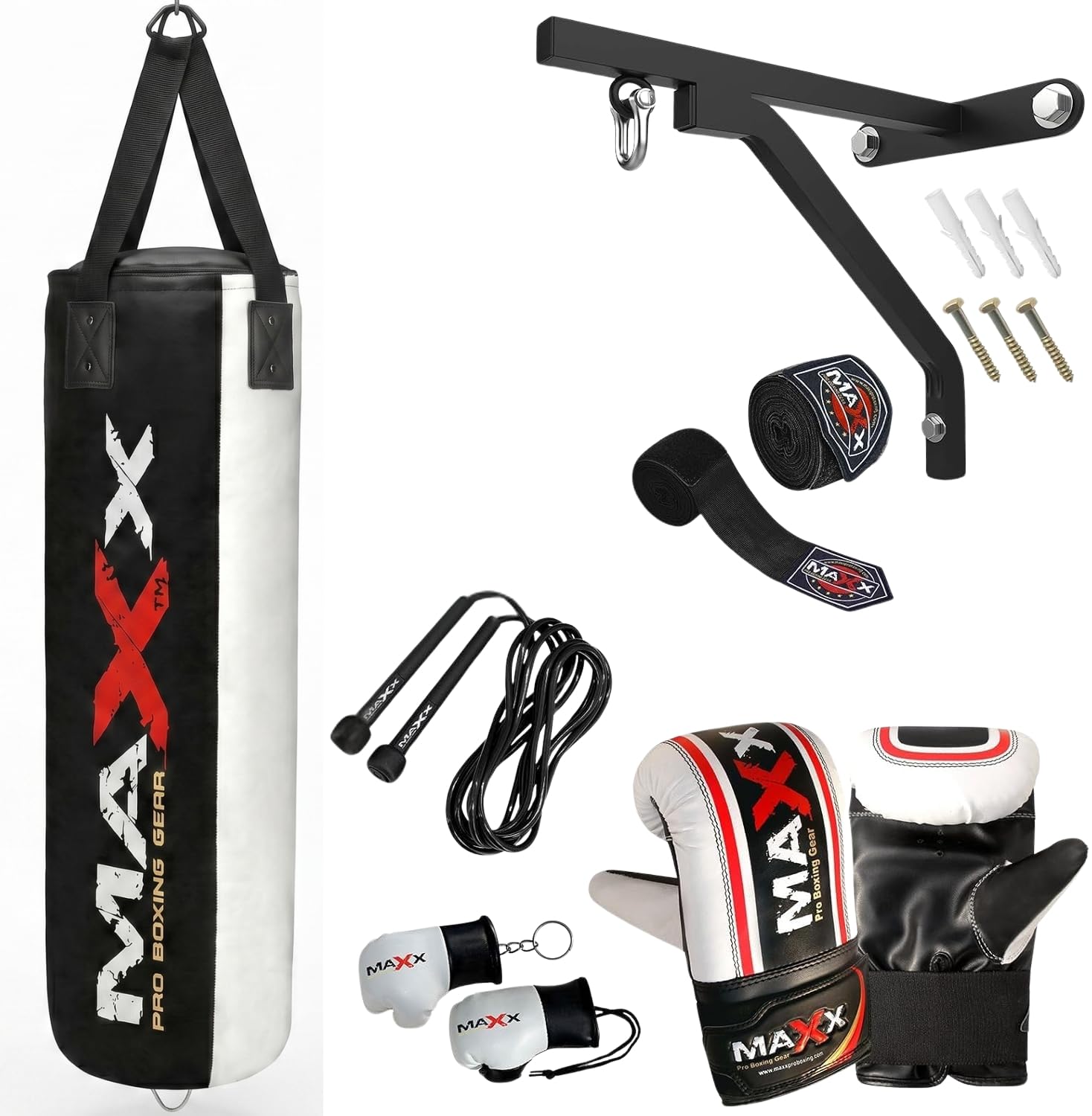 Maxx Black and White 3ft 4ft 5ft 6ft Filled Hanging Boxing Punch Bag Set Heavy Punching bag (10pc set with Bracket, 6FT) — image 1